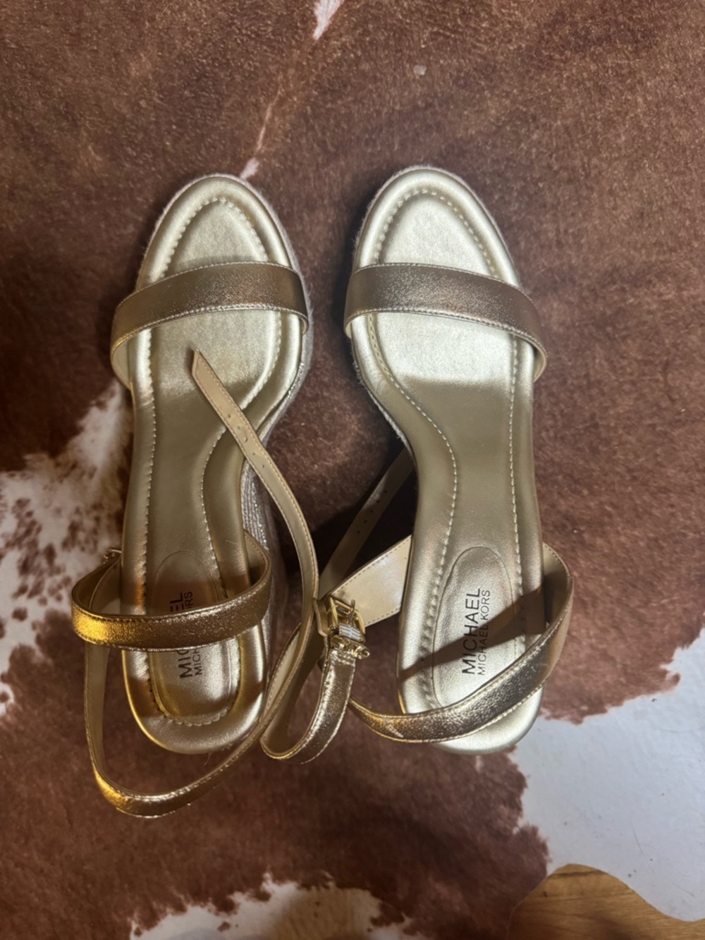 NEW Michael Kors Metallic Gold Espadrille Wedge Sandals with Ankle Strap 9.5 - Picture 3 of 4